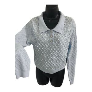 Blue diamond pattern pearl adorned collared sweater top new size XL new‎